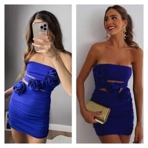 NWT ZARA Bloggers Fave Floral Tube Bodycon Cut Out Mini Dress M Blue